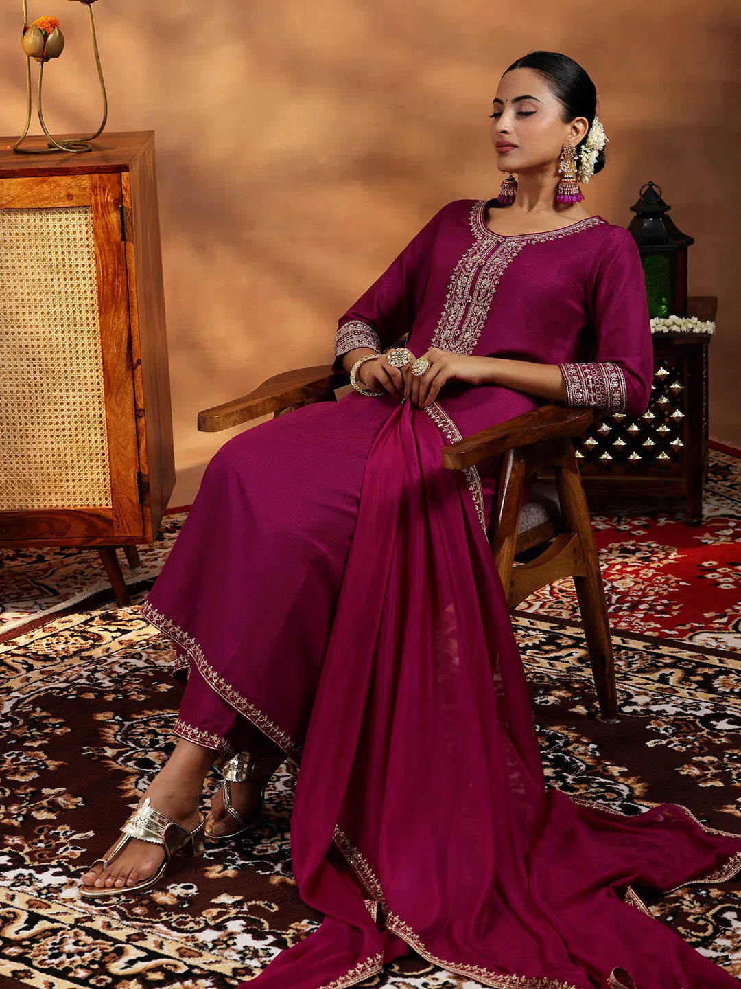 libas Maroon Yoke Design Silk Blend A-Line Kurta With Trousers & Dupatta-picture-25