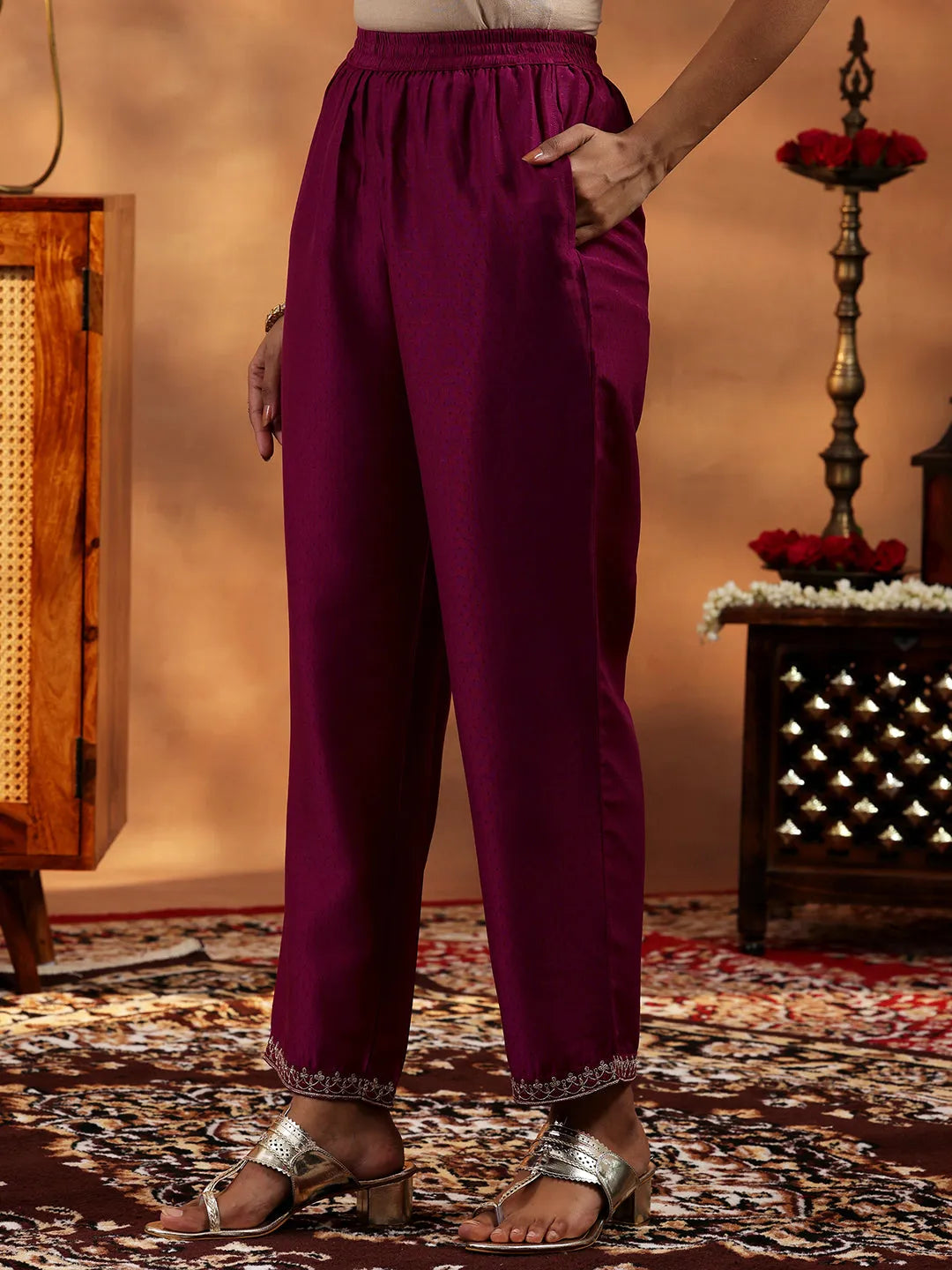  Maroon Yoke Design Silk Blend A-Line Kurta With Trousers & Dupatta 