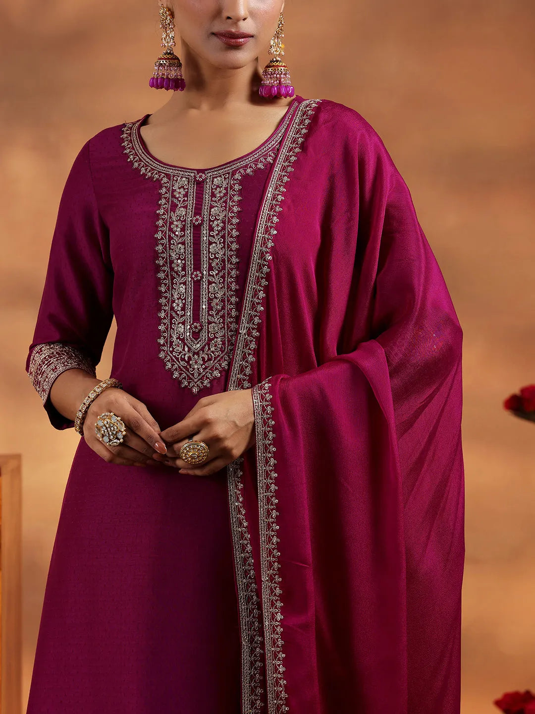  Maroon Yoke Design Silk Blend A-Line Kurta With Trousers & Dupatta 
