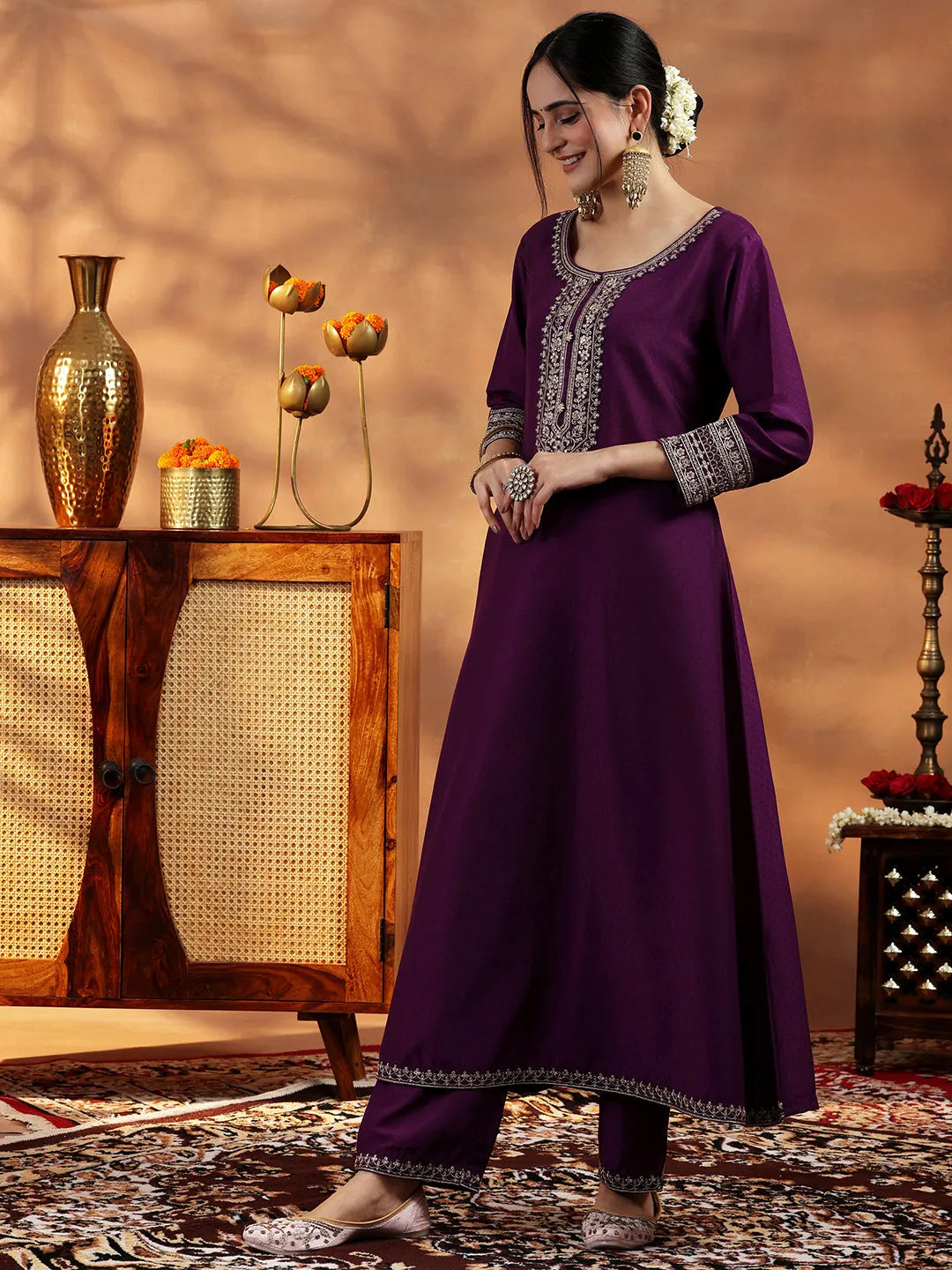  Wine Yoke Design Silk Blend A-Line Kurta With Trousers & Dupatta 