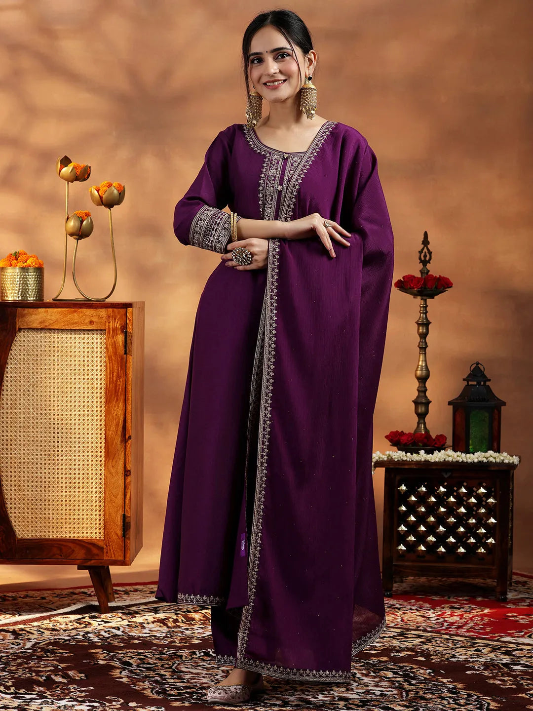  Wine Yoke Design Silk Blend A-Line Kurta With Trousers & Dupatta 