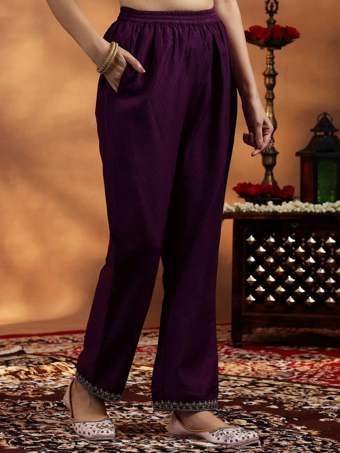  Wine Yoke Design Silk Blend A-Line Kurta With Trousers & Dupatta 