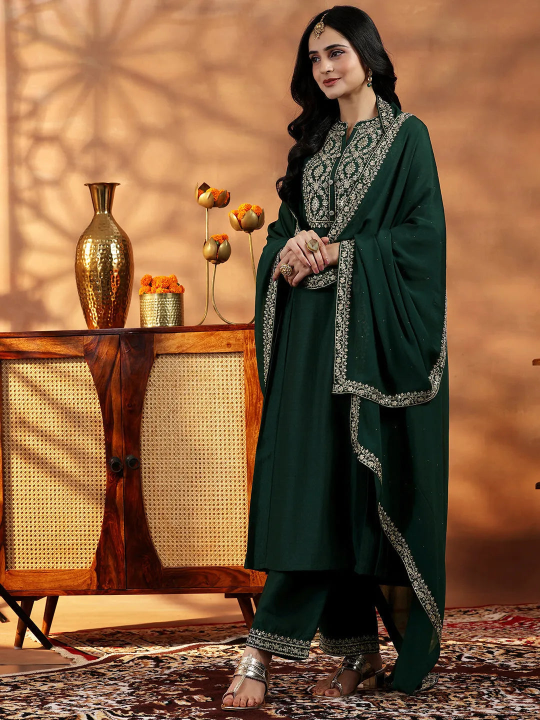  Green Yoke Design Silk Blend A-Line Kurta With Palazzos & Dupatta 