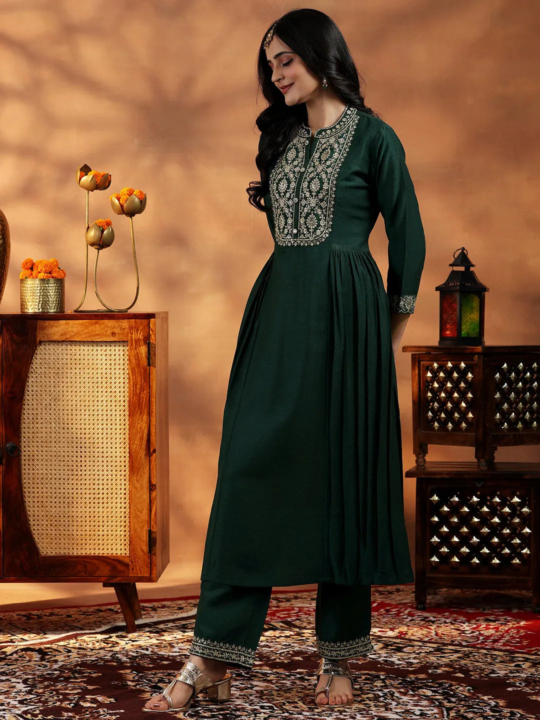  Green Yoke Design Silk Blend A-Line Kurta With Palazzos & Dupatta 