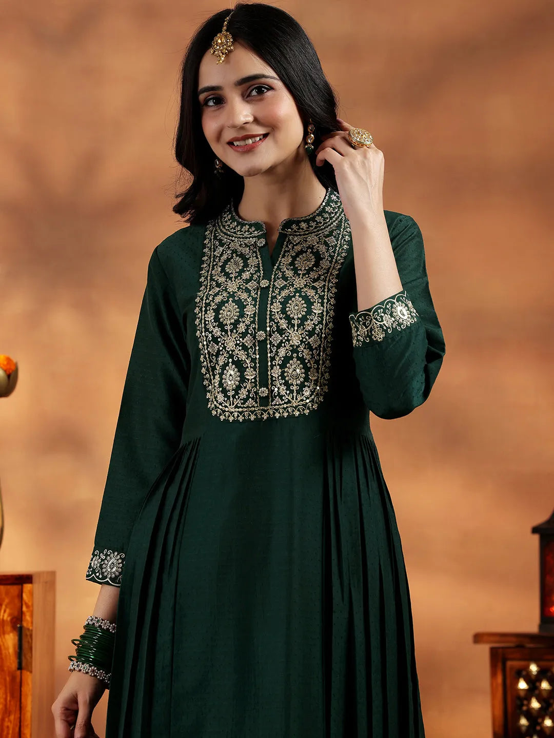  Green Yoke Design Silk Blend A-Line Kurta With Palazzos & Dupatta 