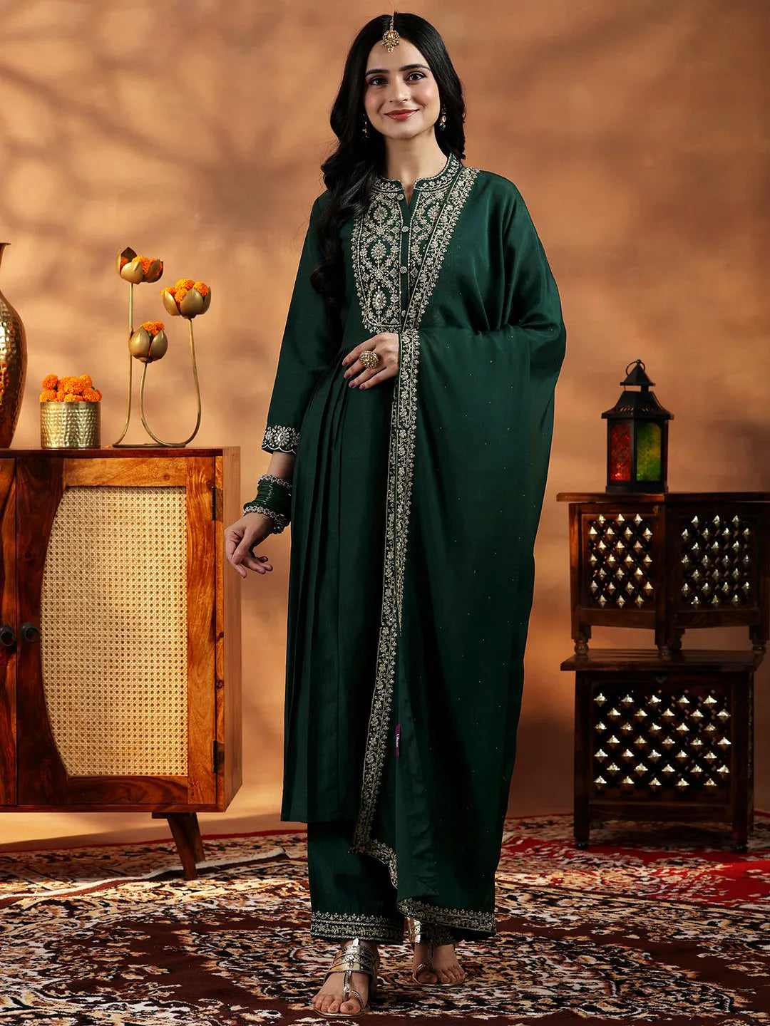  Green Yoke Design Silk Blend A-Line Kurta With Palazzos & Dupatta 
