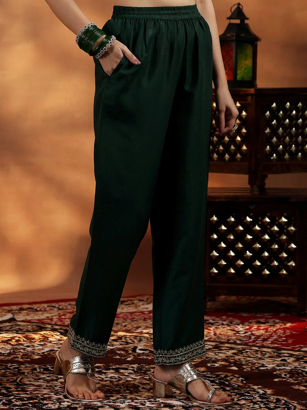  Green Yoke Design Silk Blend A-Line Kurta With Palazzos & Dupatta 