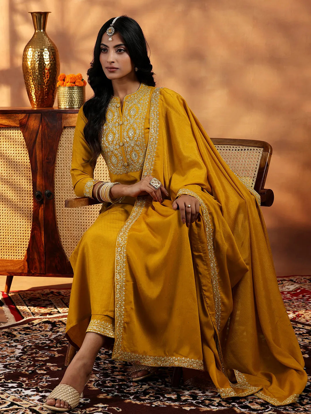 libas Mustard Yoke Design Silk Blend A-Line Kurta With Palazzos & Dupatta-picture-14