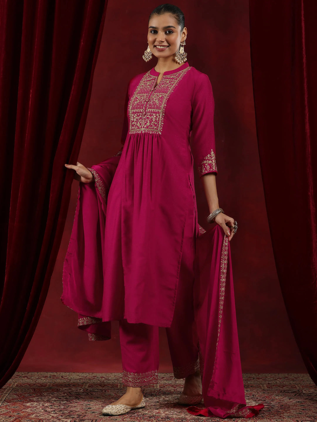  Pink Yoke Design Silk Blend A-Line Kurta With Palazzos & Dupatta 