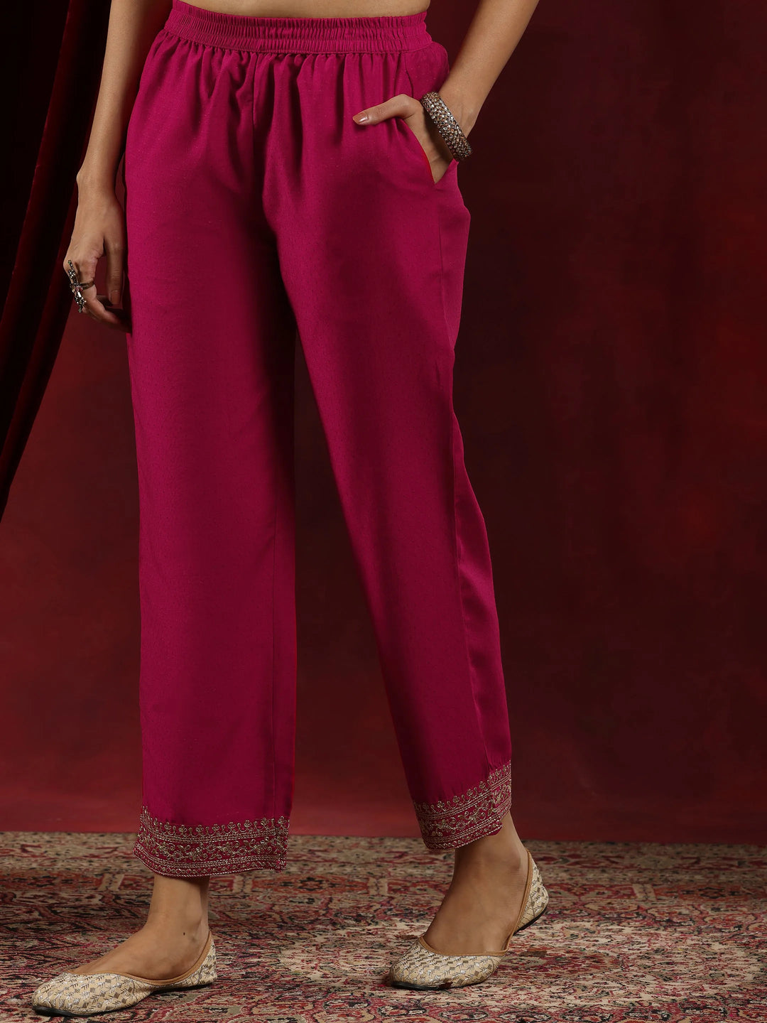  Pink Yoke Design Silk Blend A-Line Kurta With Palazzos & Dupatta 