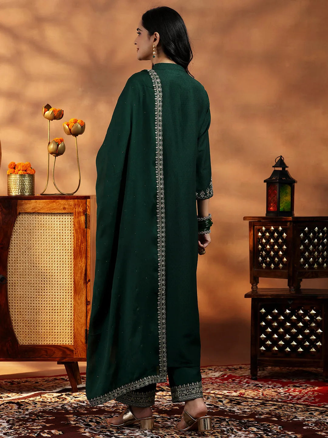  Green Yoke Design Silk Blend A-Line Kurta With Palazzos & Dupatta 
