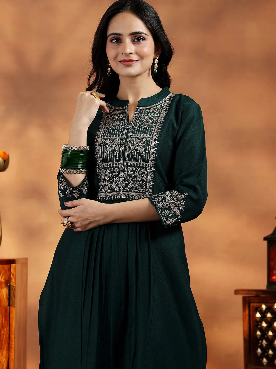  Green Yoke Design Silk Blend A-Line Kurta With Palazzos & Dupatta 