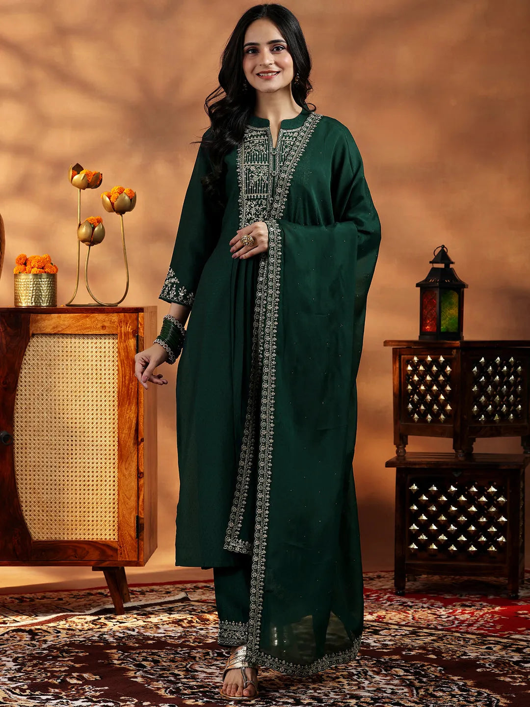  Green Yoke Design Silk Blend A-Line Kurta With Palazzos & Dupatta 
