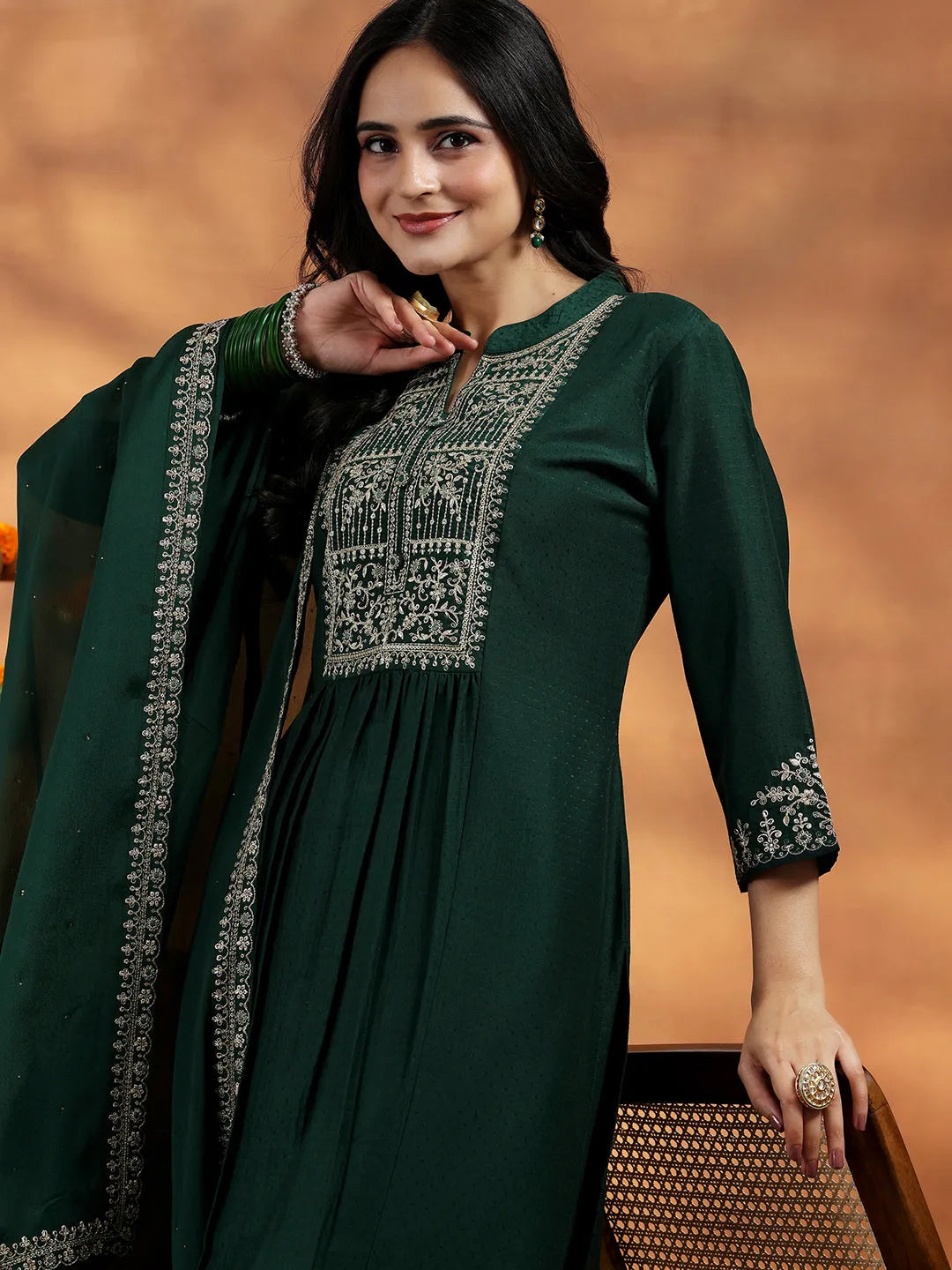  Green Yoke Design Silk Blend A-Line Kurta With Palazzos & Dupatta 
