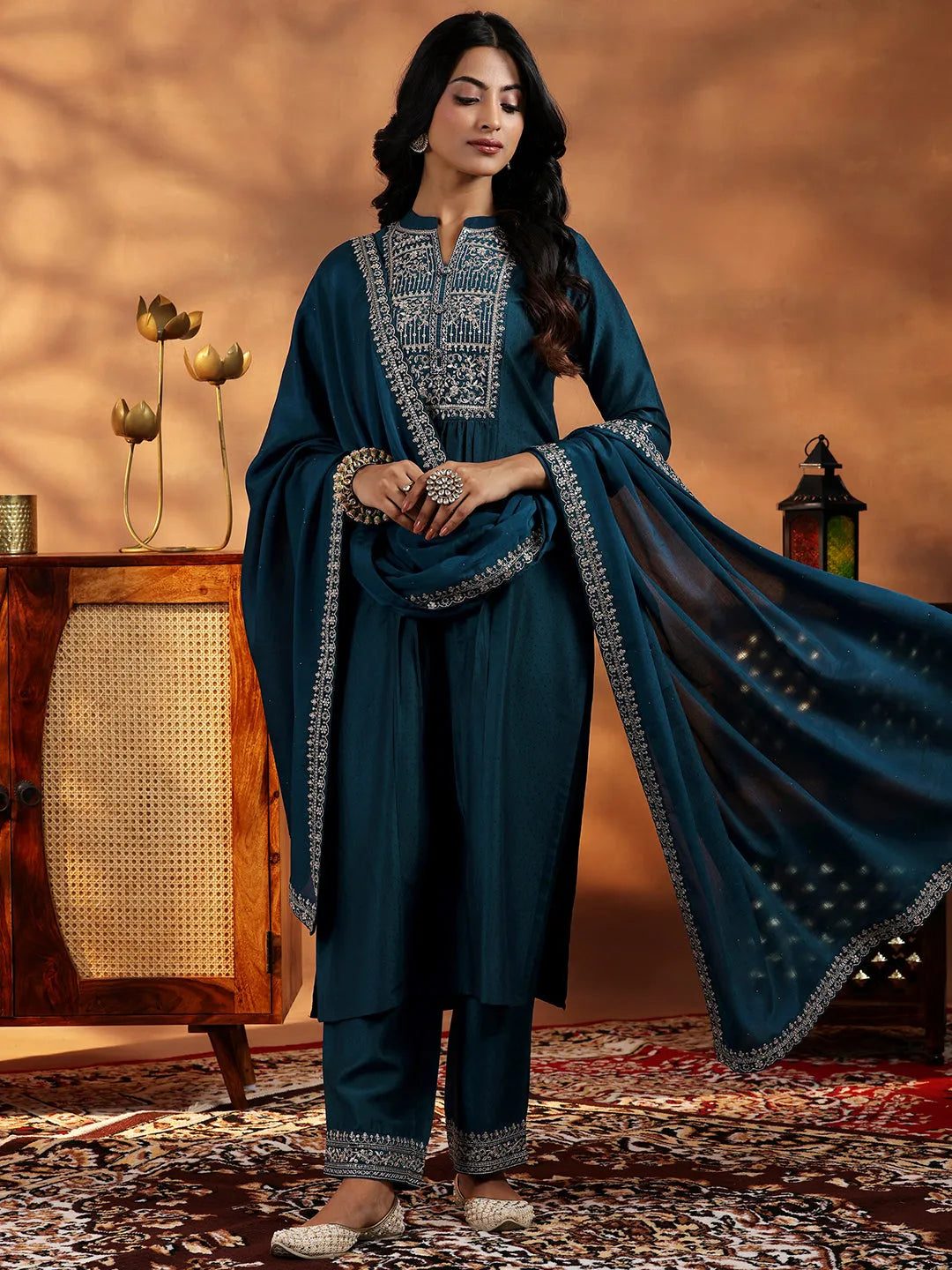  Teal Yoke Design Silk Blend A-Line Kurta With Palazzos & Dupatta 