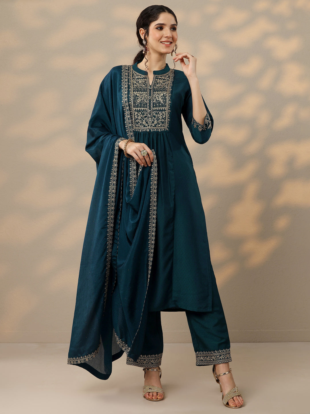  Teal Yoke Design Silk Blend A-Line Kurta With Palazzos & Dupatta 