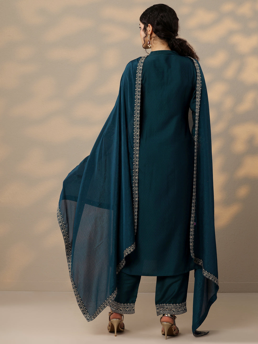  Teal Yoke Design Silk Blend A-Line Kurta With Palazzos & Dupatta 