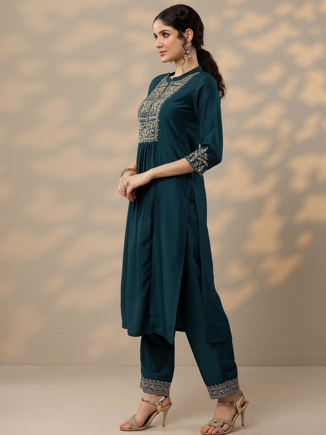  Teal Yoke Design Silk Blend A-Line Kurta With Palazzos & Dupatta 