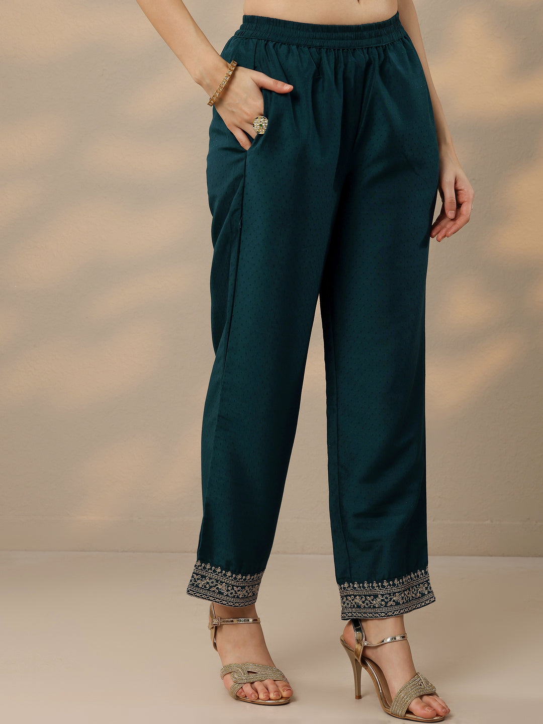  Teal Yoke Design Silk Blend A-Line Kurta With Palazzos & Dupatta 