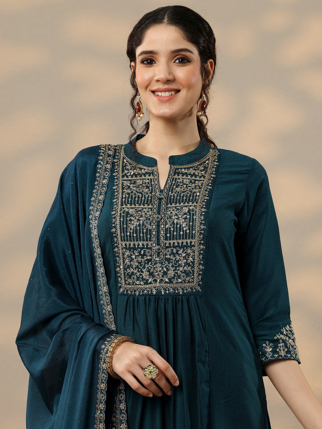  Teal Yoke Design Silk Blend A-Line Kurta With Palazzos & Dupatta 