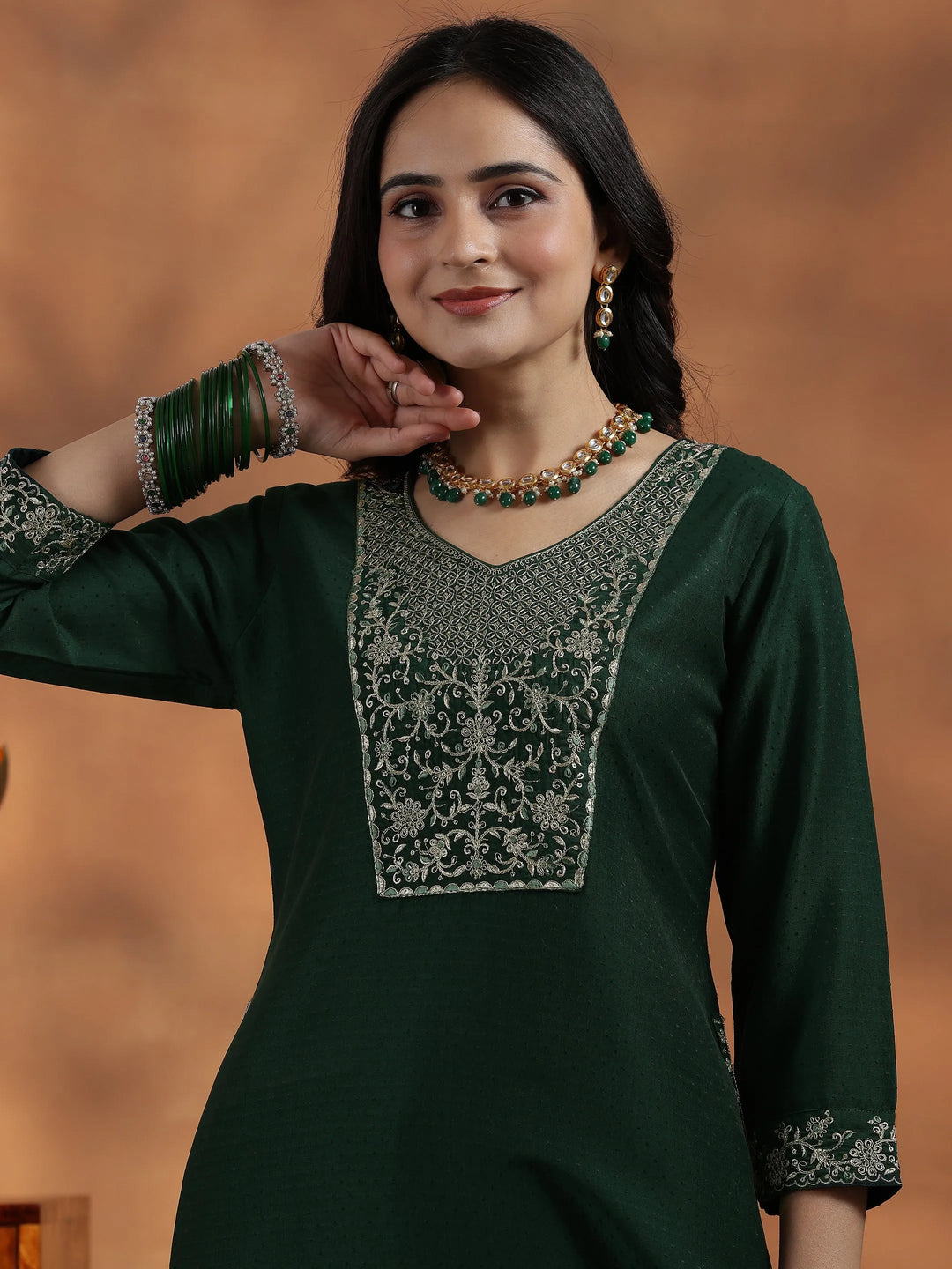  Green Yoke Design Silk Blend Straight Suit With Dupatta 