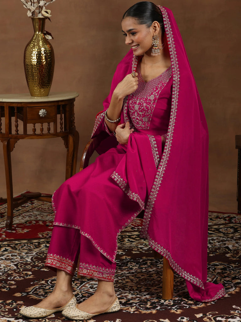 Libas Pink Yoke Design Silk Blend Straight Suit With Dupatta