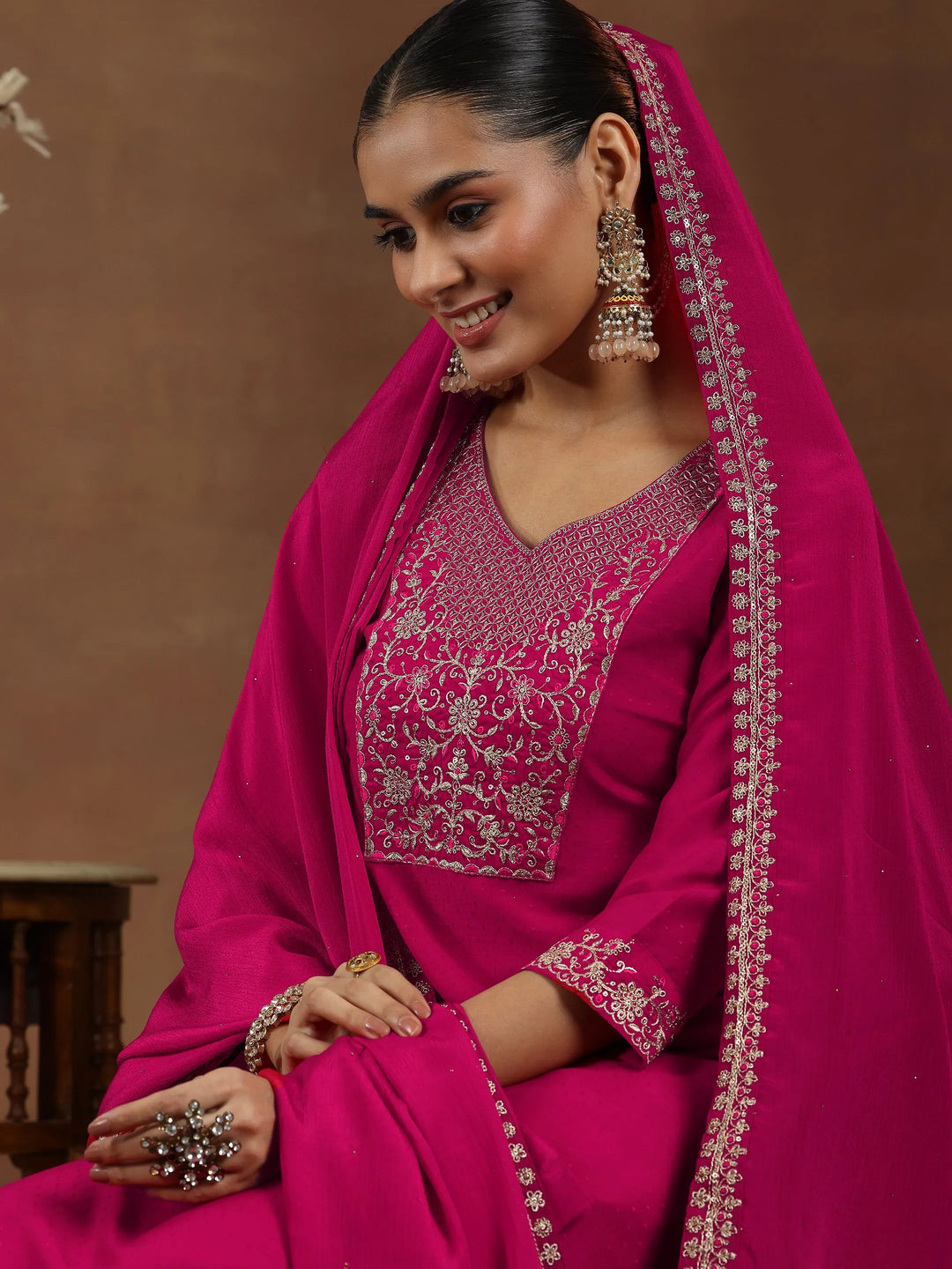  Pink Yoke Design Silk Blend Straight Suit With Dupatta 