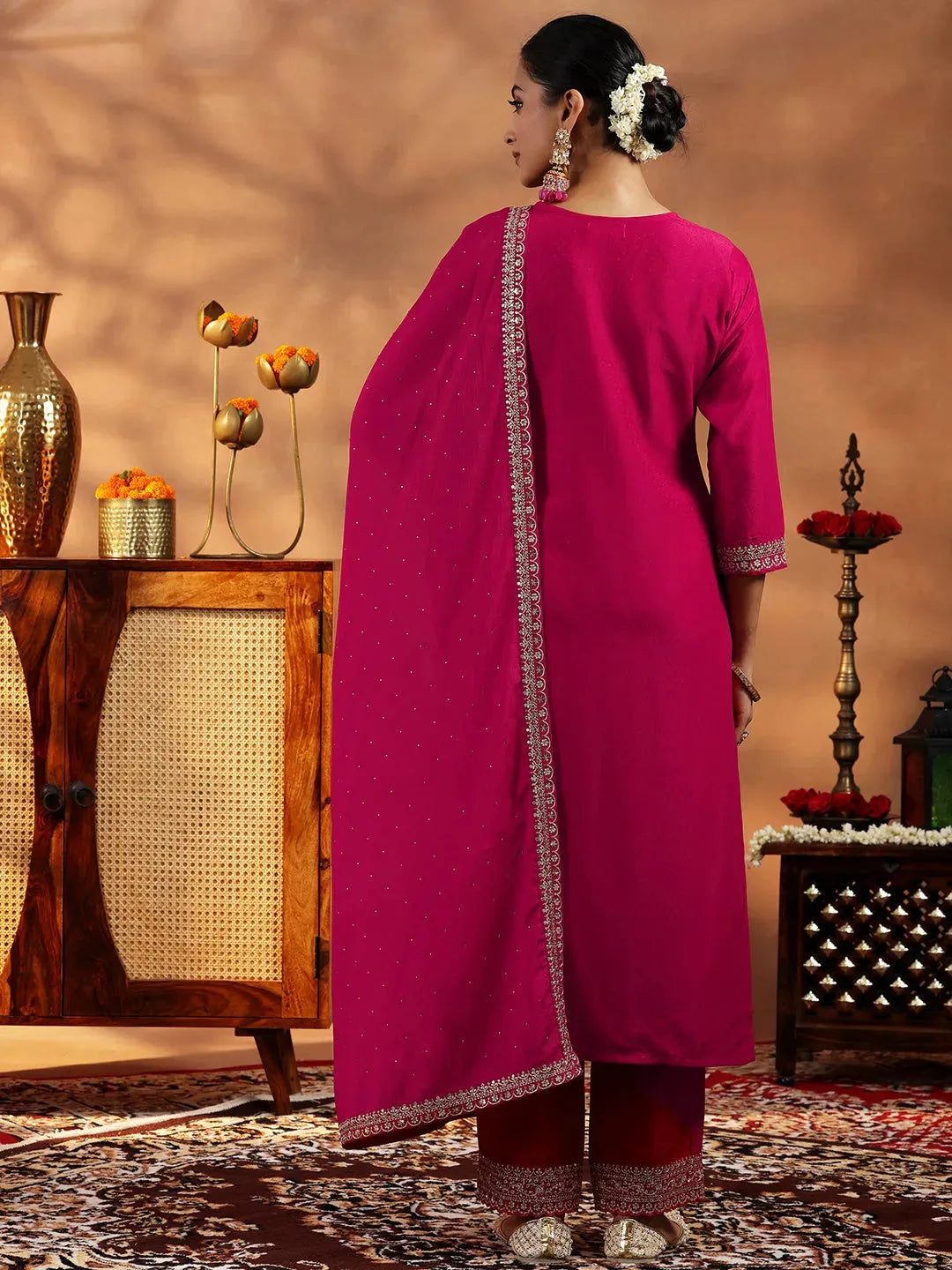  Pink Yoke Design Silk Blend Straight Suit With Dupatta 