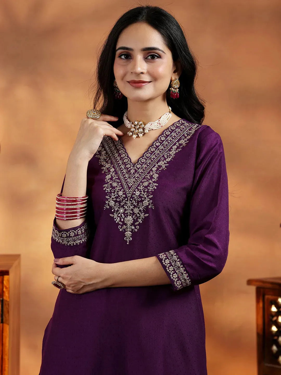 Wine Yoke Design Silk Blend Straight Suit With Dupatta 