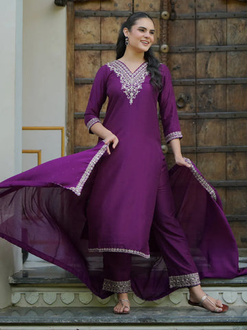Wine Yoke Design Silk Blend Straight Suit With Dupatta