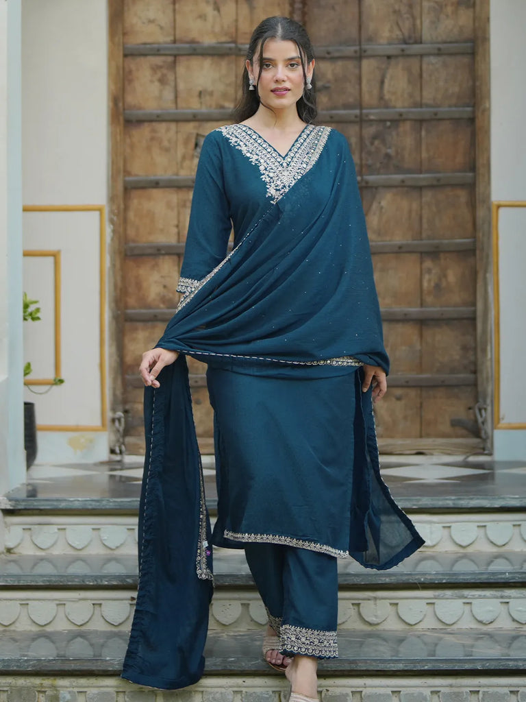 Libas Navy Blue Yoke Design Silk Blend Straight Suit With Dupatta