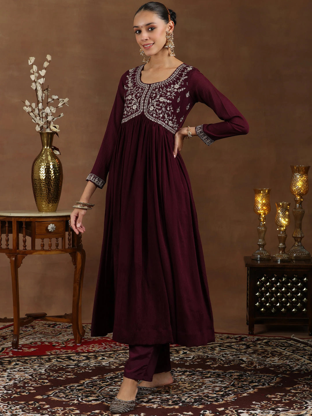  Wine Yoke Design Silk Blend A-Line Kurta With Trousers & Dupatta 