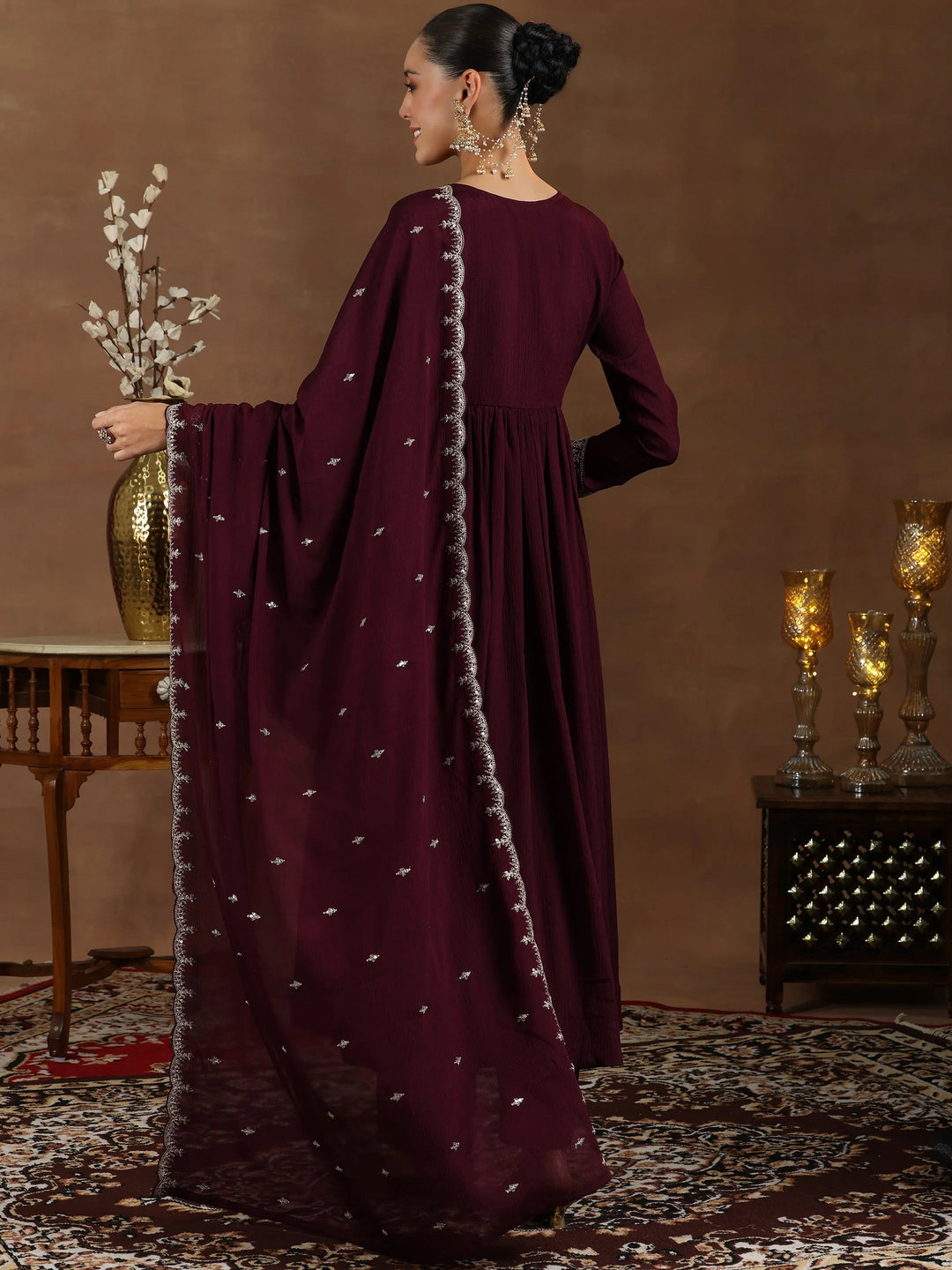  Wine Yoke Design Silk Blend A-Line Kurta With Trousers & Dupatta 