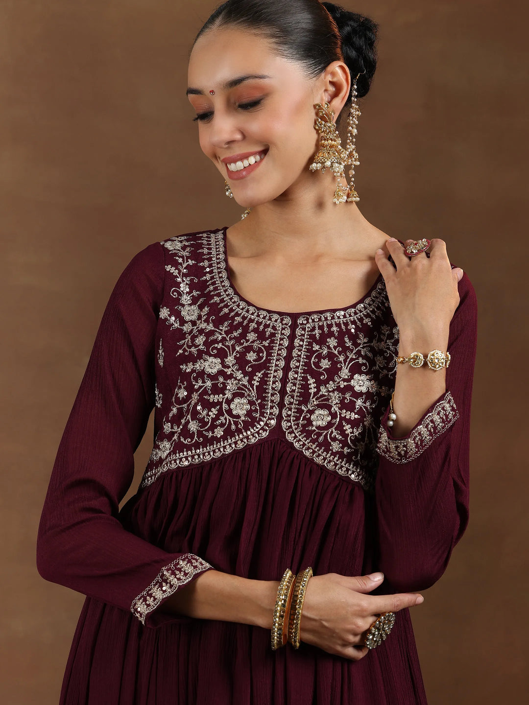  Wine Yoke Design Silk Blend A-Line Kurta With Trousers & Dupatta 