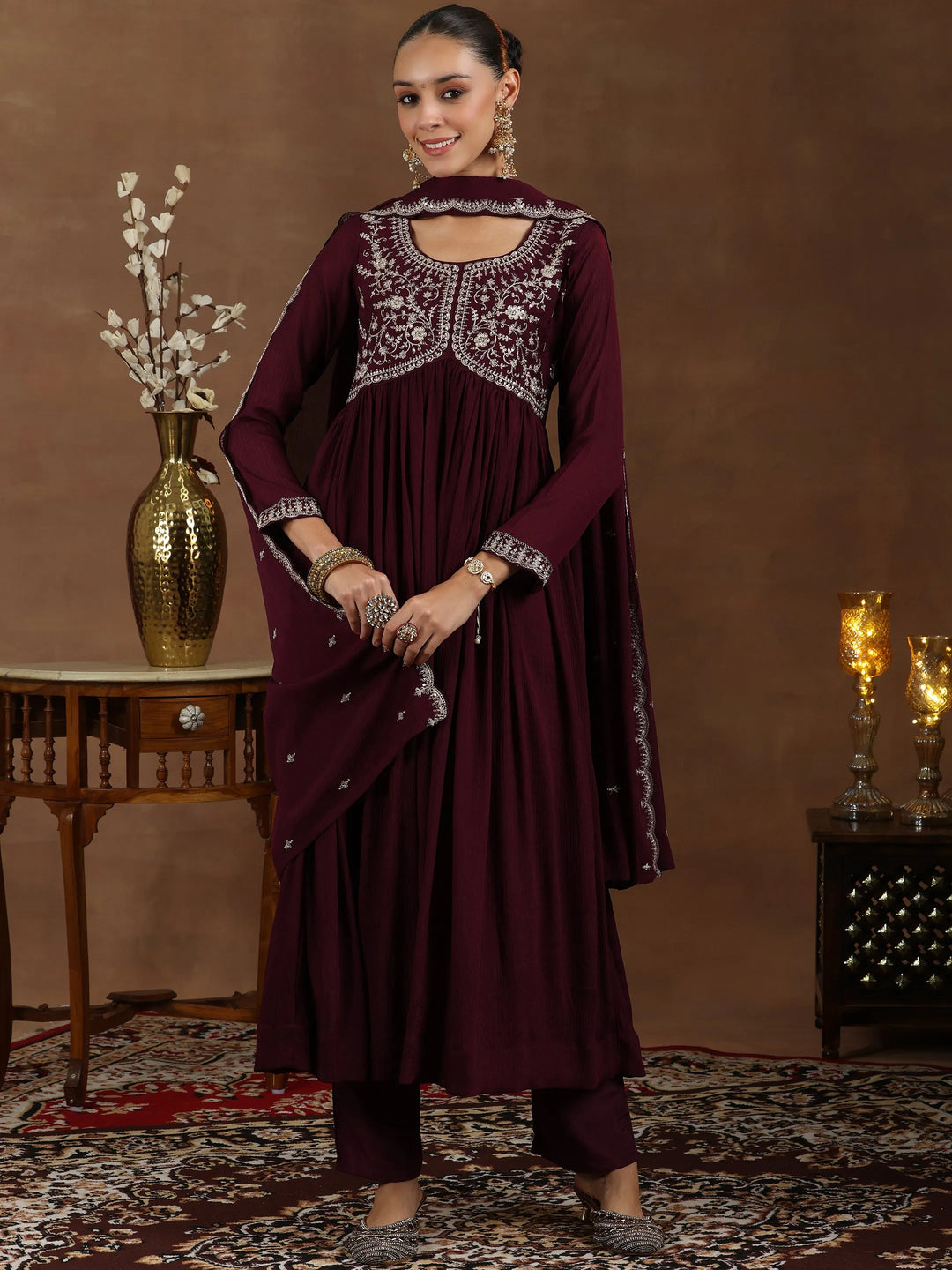  Wine Yoke Design Silk Blend A-Line Kurta With Trousers & Dupatta 