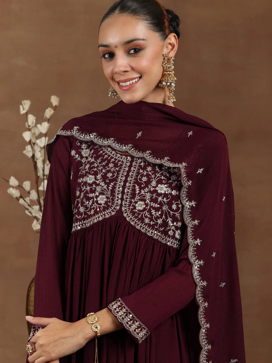  Wine Yoke Design Silk Blend A-Line Kurta With Trousers & Dupatta 