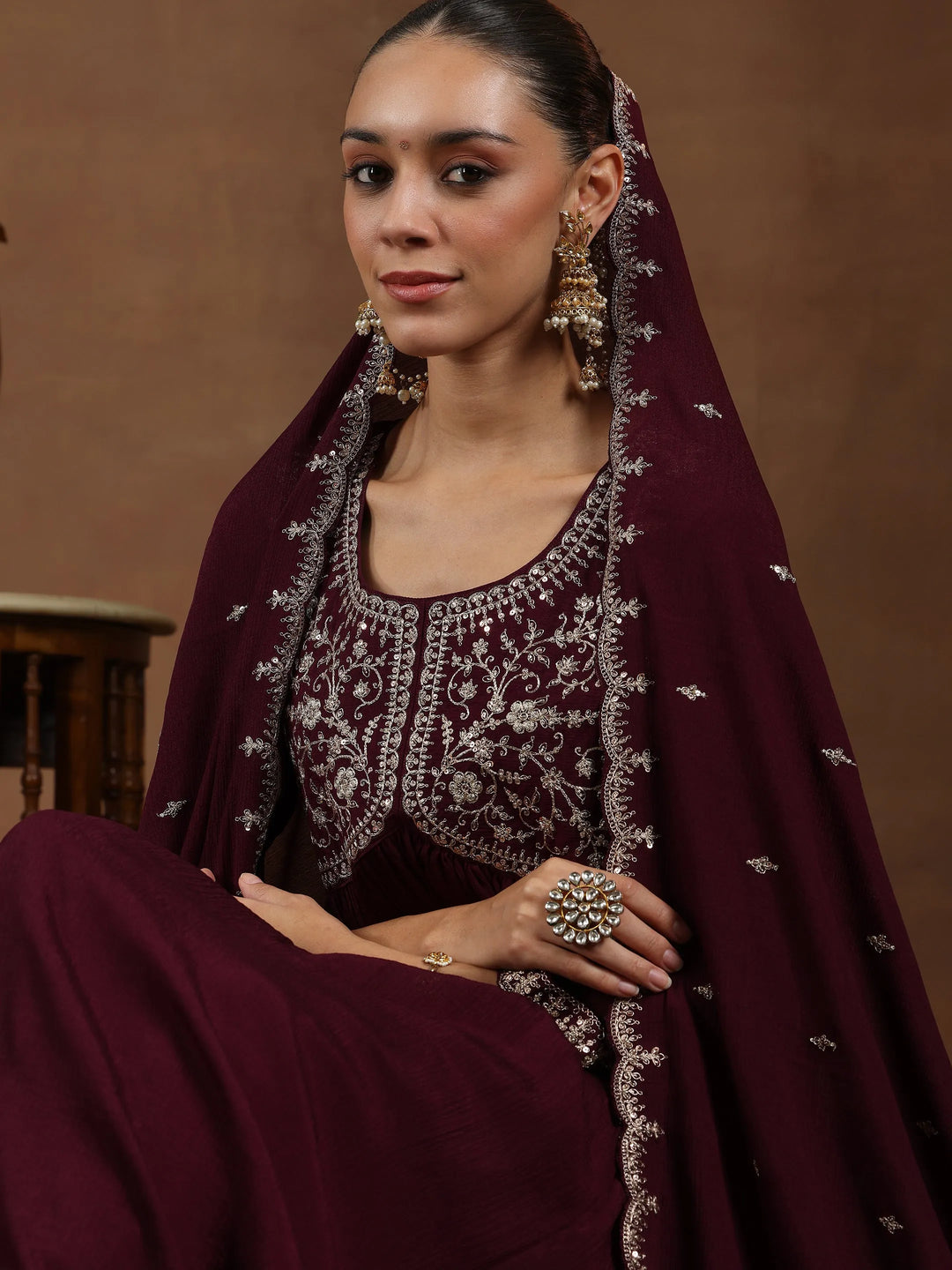  Wine Yoke Design Silk Blend A-Line Kurta With Trousers & Dupatta 