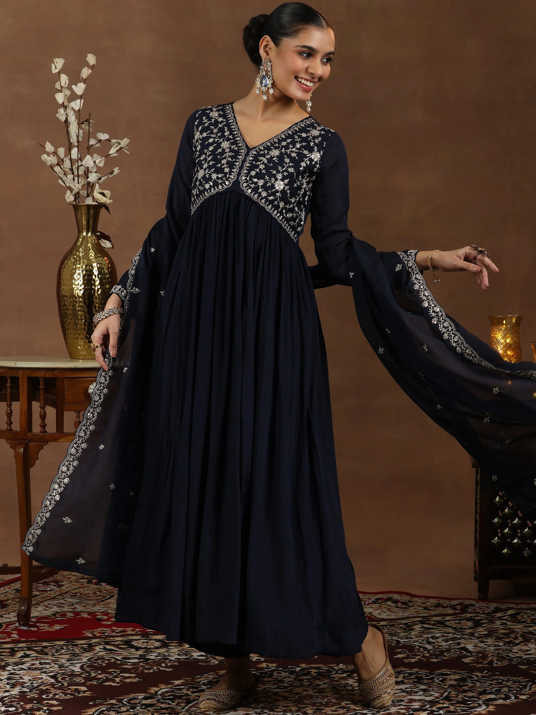  Blue Yoke Design Silk Blend A-Line Kurta With Trousers & Dupatta 