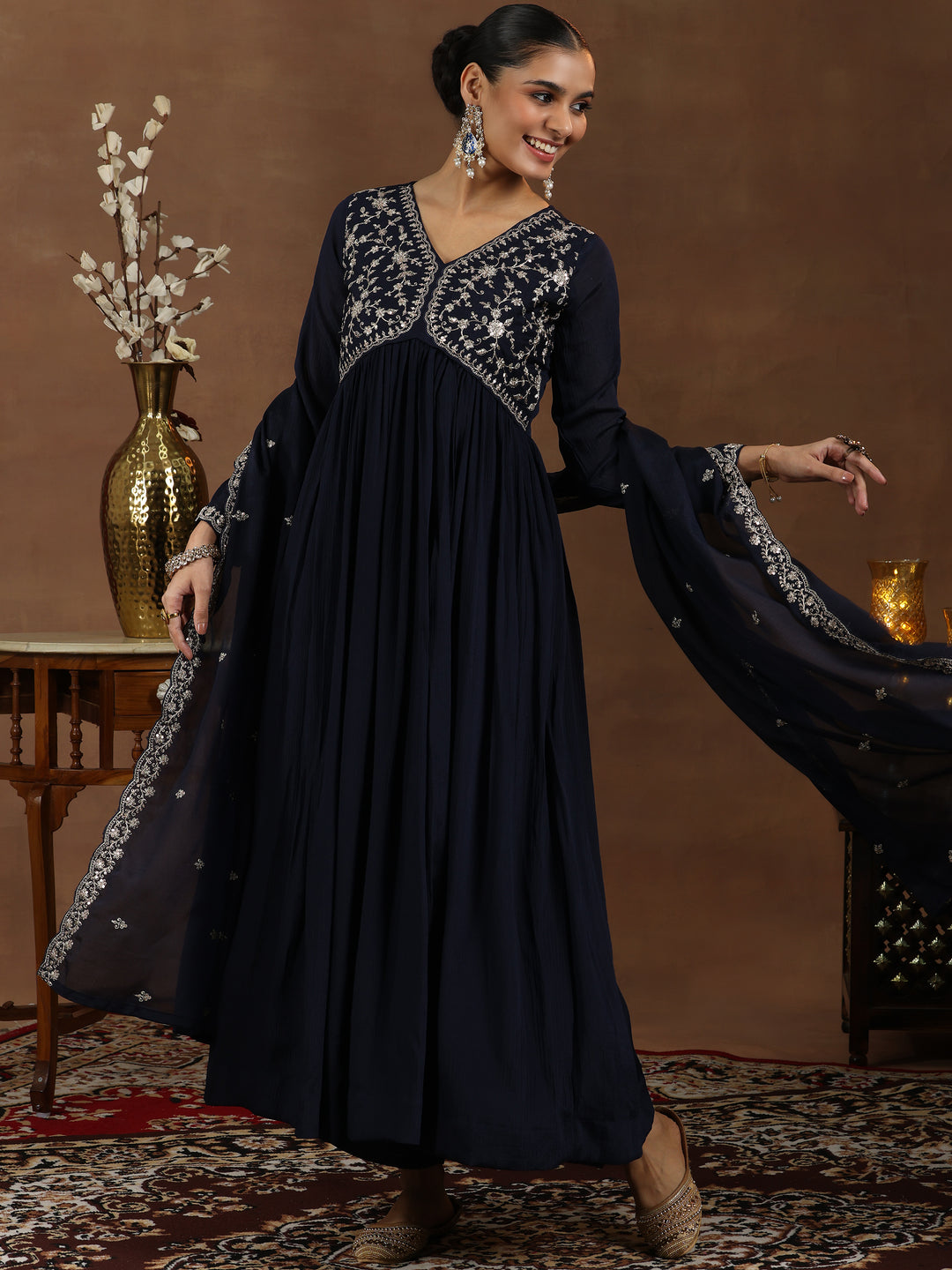  Blue Yoke Design Silk Blend A-Line Kurta With Trousers & Dupatta 