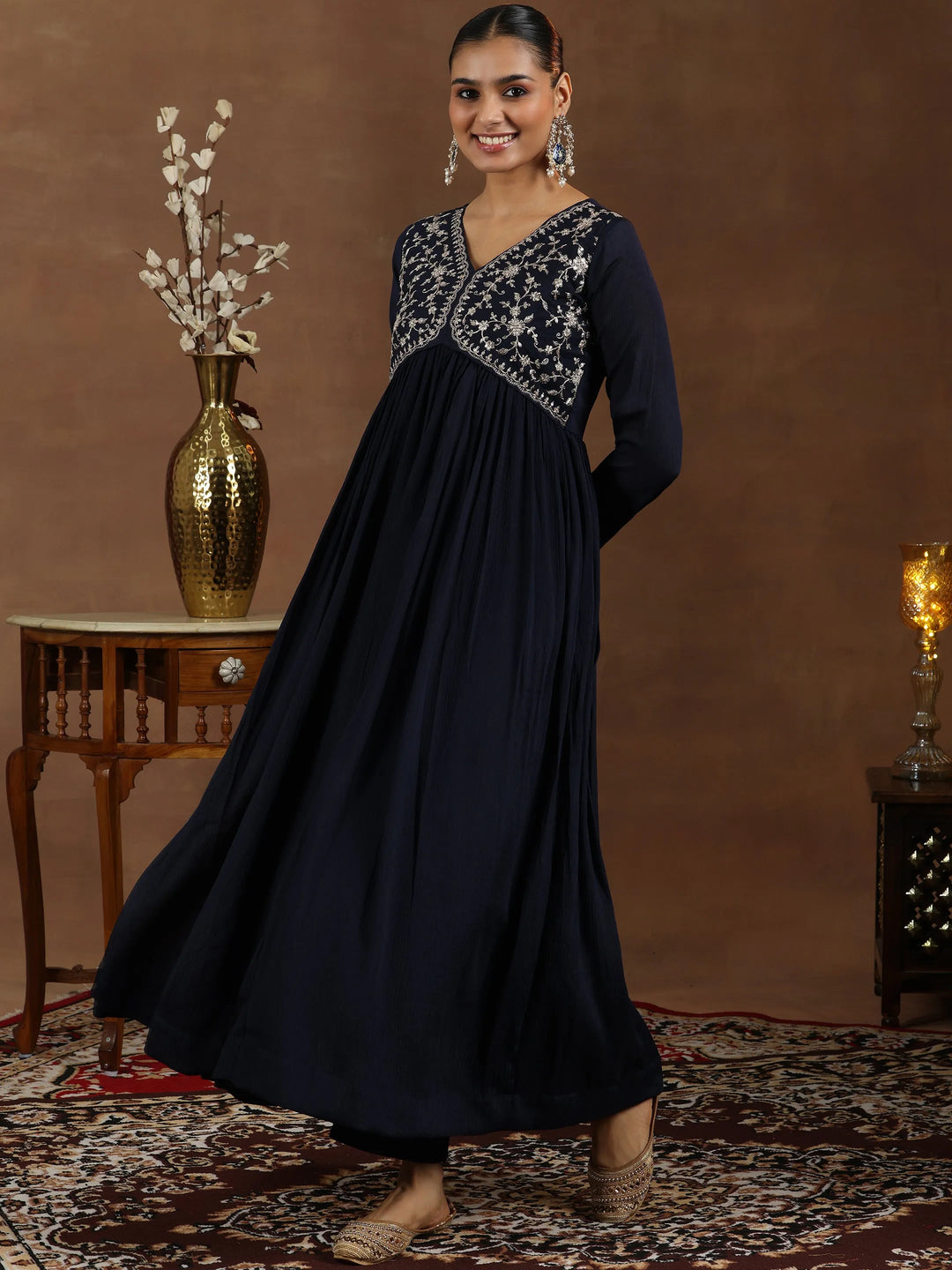  Blue Yoke Design Silk Blend A-Line Kurta With Trousers & Dupatta 