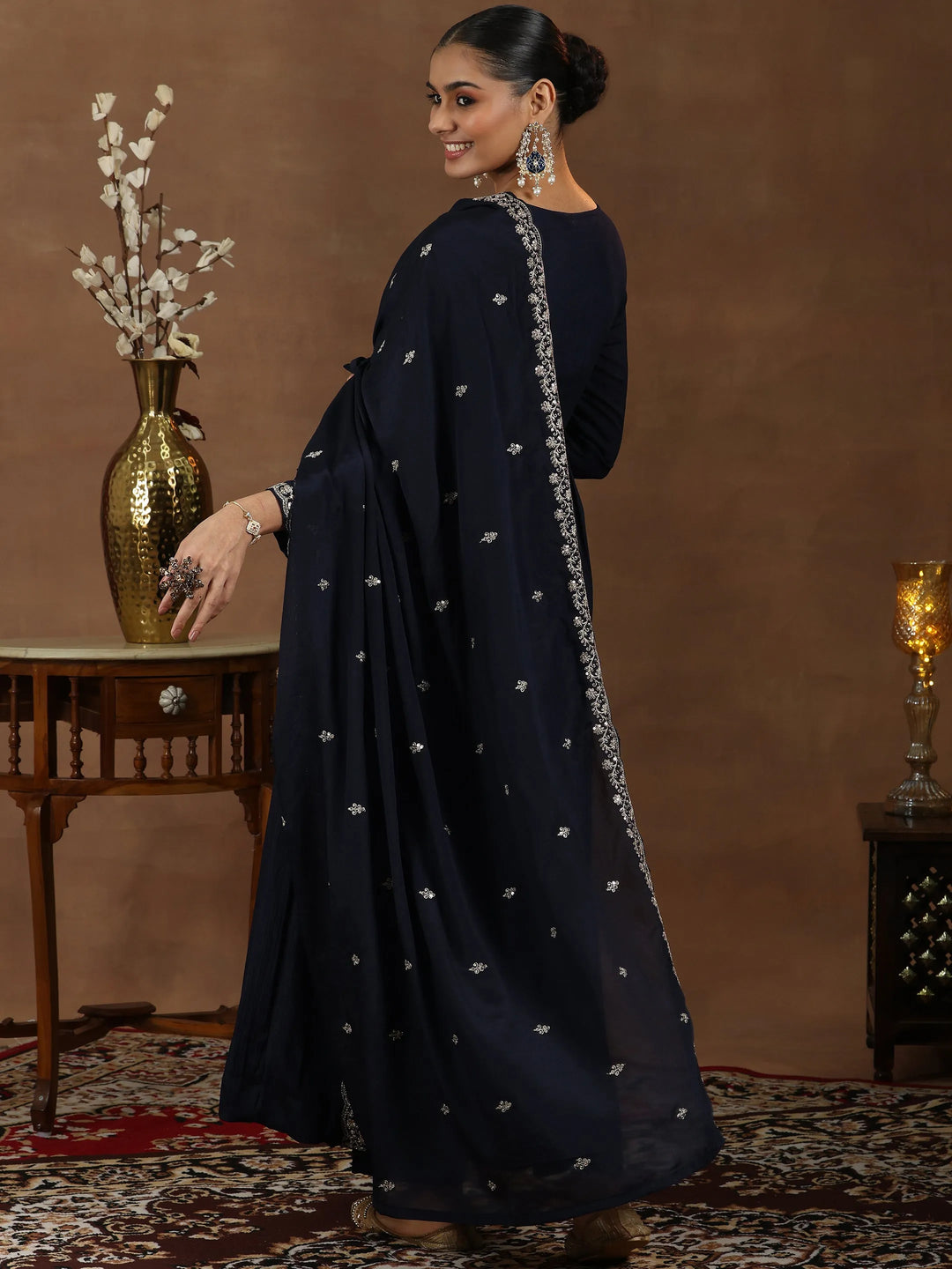 Blue Yoke Design Silk Blend A-Line Kurta With Trousers & Dupatta 