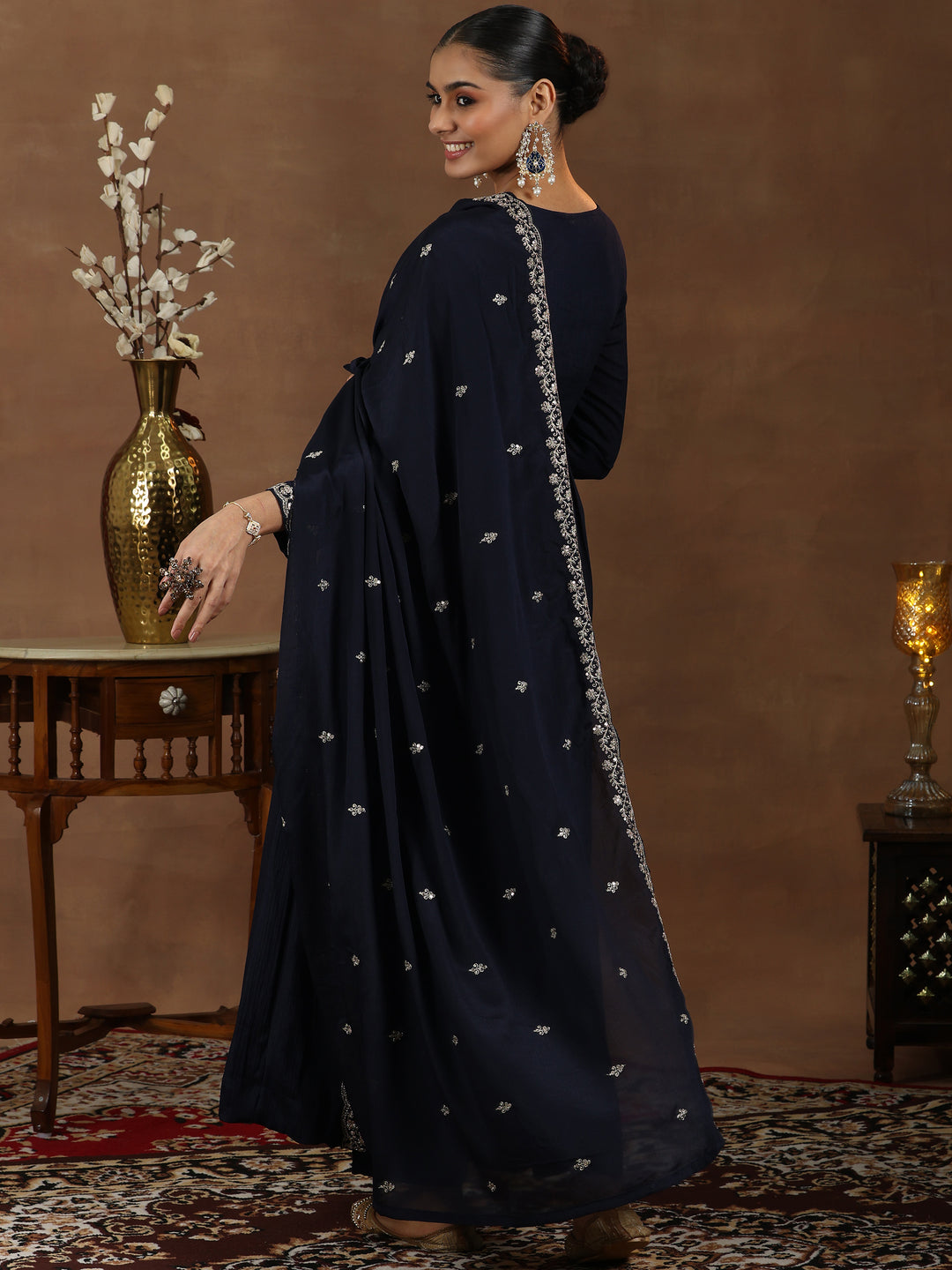  Blue Yoke Design Silk Blend A-Line Kurta With Trousers & Dupatta 