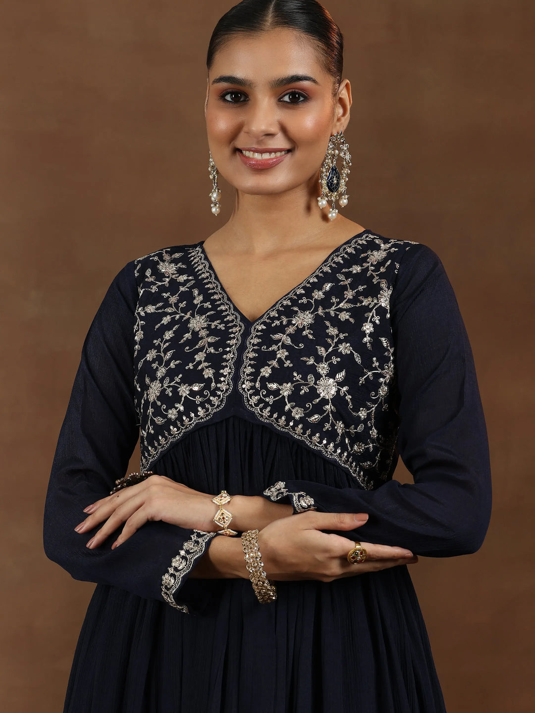  Blue Yoke Design Silk Blend A-Line Kurta With Trousers & Dupatta 