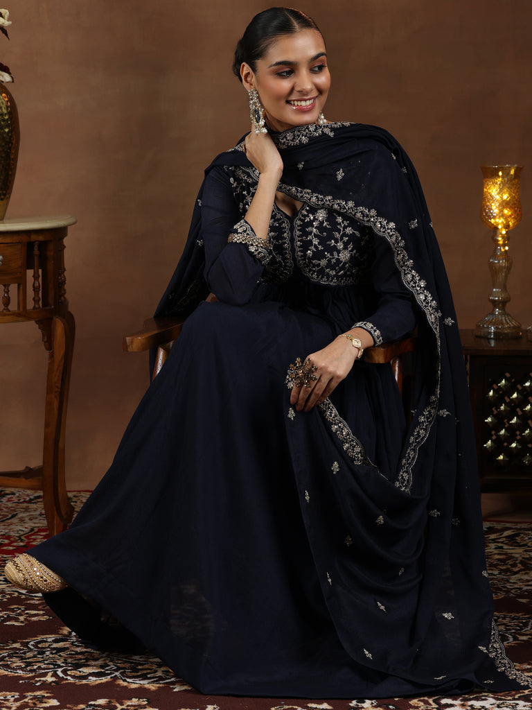 Libas Blue Yoke Design Silk Blend A-Line Kurta With Trousers & Dupatta