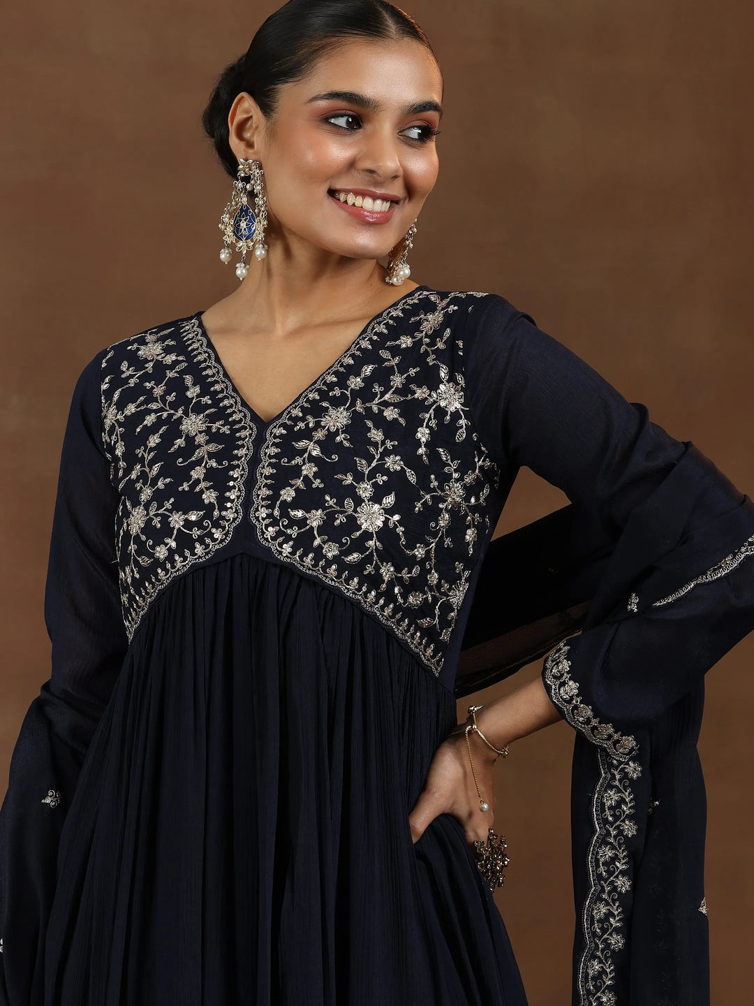  Blue Yoke Design Silk Blend A-Line Kurta With Trousers & Dupatta 
