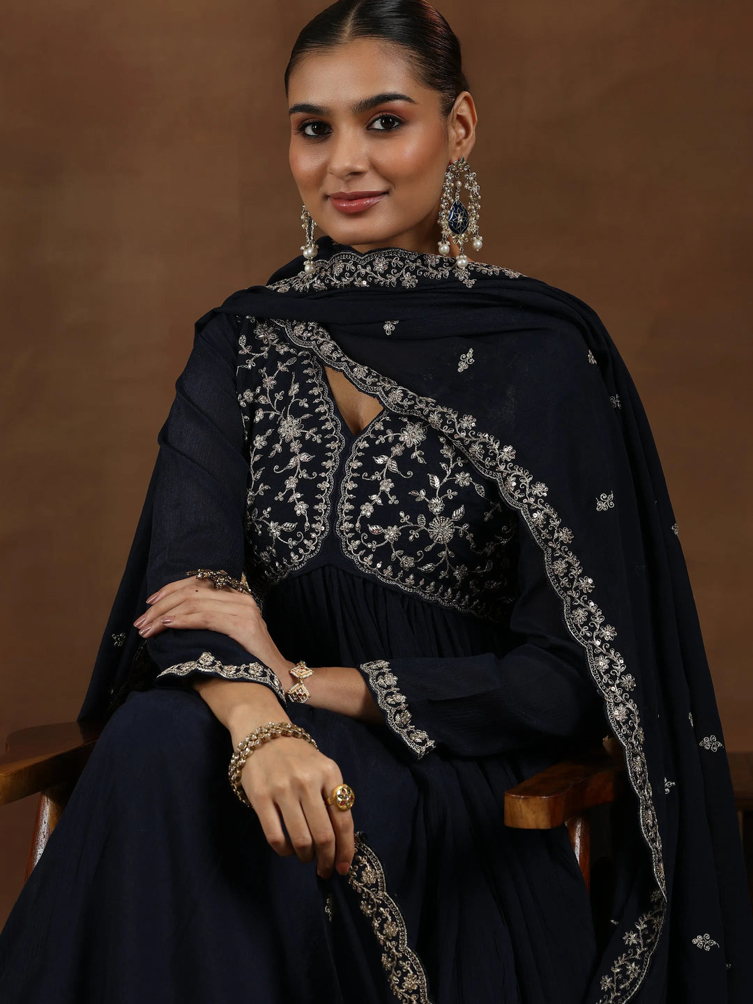  Blue Yoke Design Silk Blend A-Line Kurta With Trousers & Dupatta 