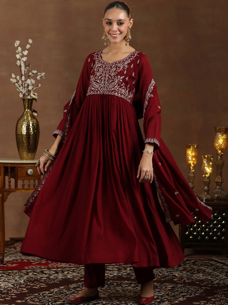 Libas Maroon Yoke Design Silk Blend A-Line Kurta With Trousers & Dupatta