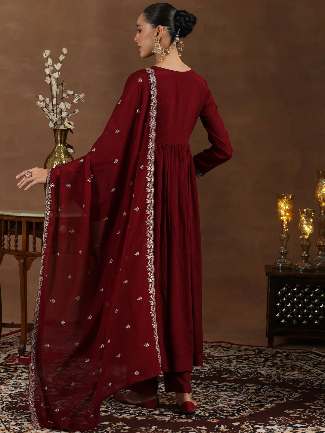  Maroon Yoke Design Silk Blend A-Line Kurta With Trousers & Dupatta 