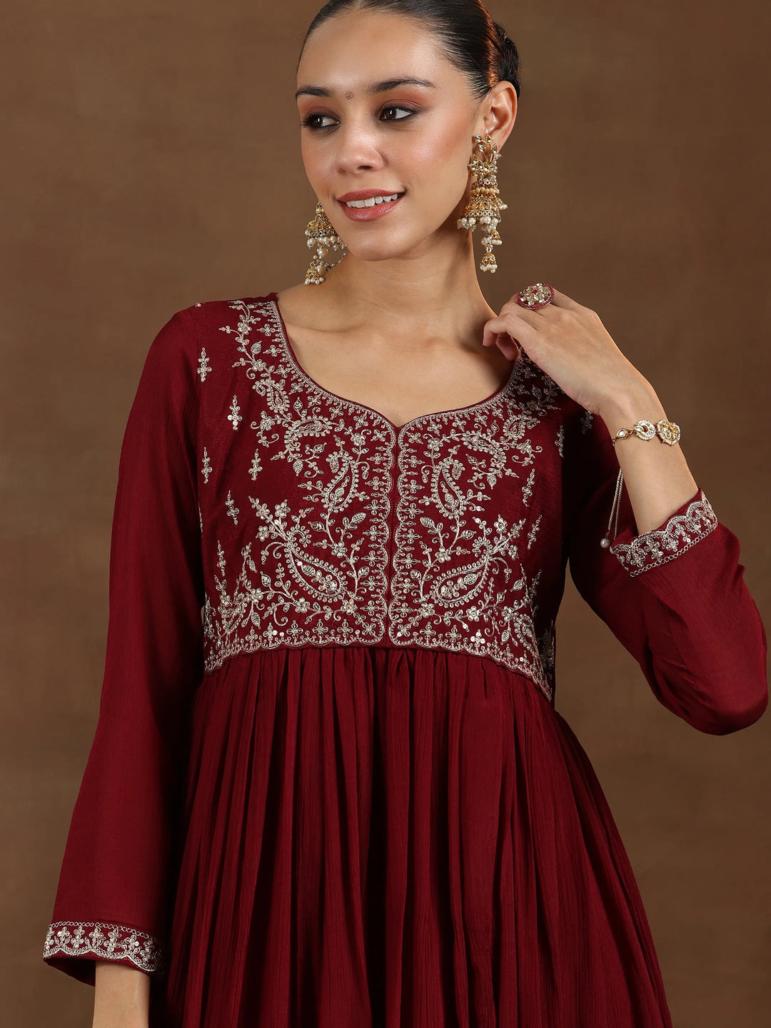  Maroon Yoke Design Silk Blend A-Line Kurta With Trousers & Dupatta 