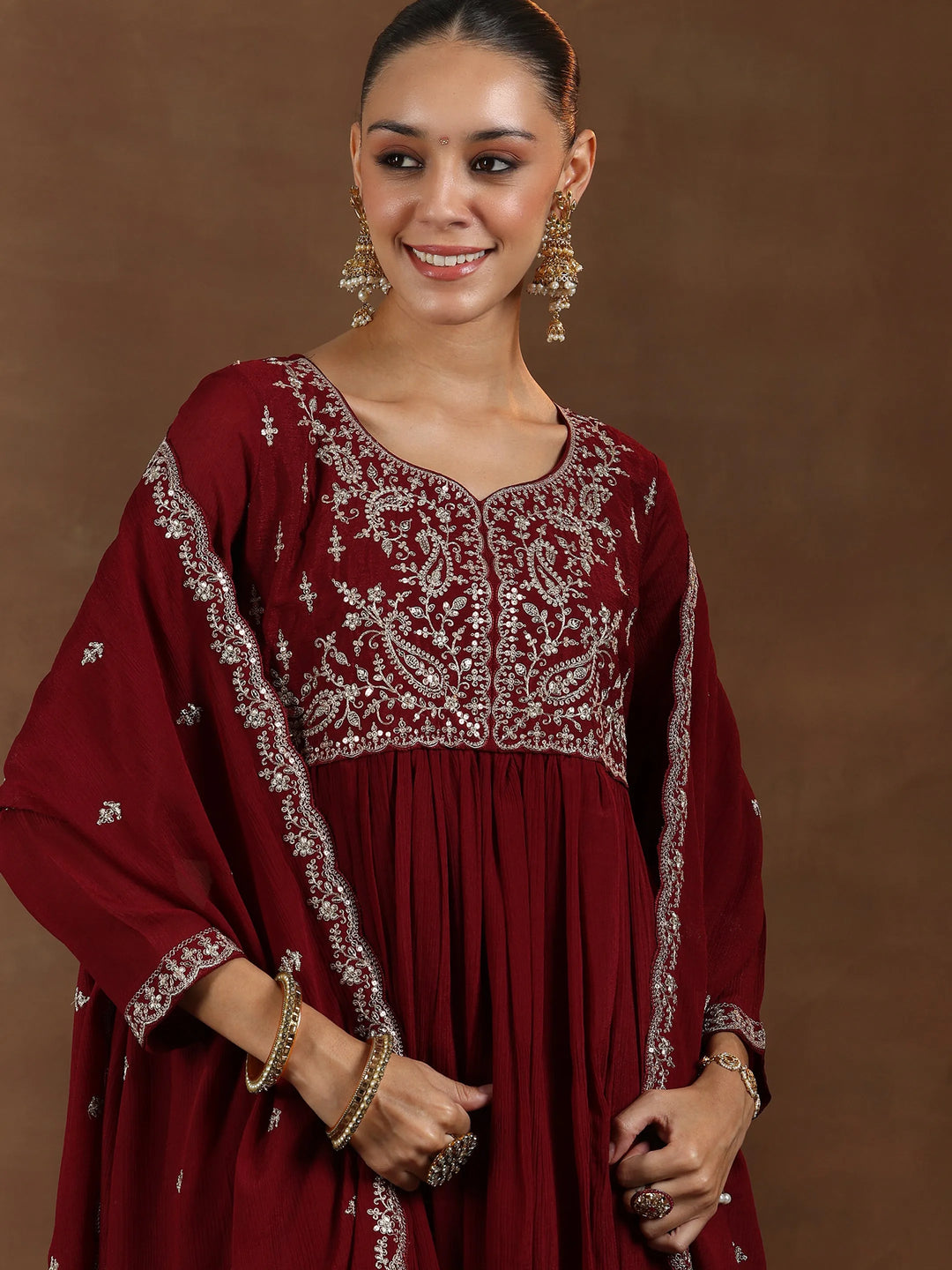  Maroon Yoke Design Silk Blend A-Line Kurta With Trousers & Dupatta 